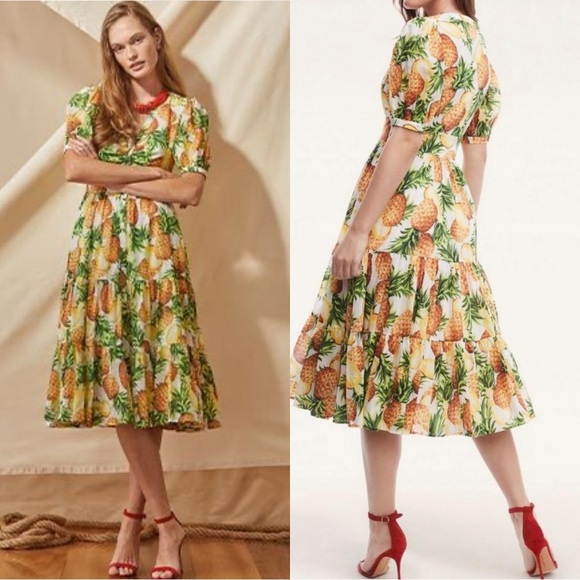 Brooks Brothers Pineapple Print Cotton Midi Dress Size 6 NEW - Picture 1 of 12